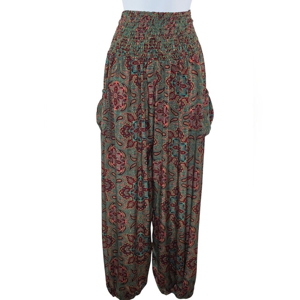 NWT Boho Paisley Smocked-Waist Wide Leg Pants Green Multicolor 4076-